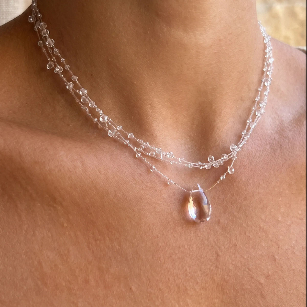 Collier Perle Unique (double rang transparent + 1 grosse goutte pendante)
